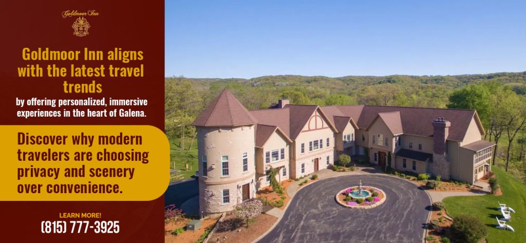Aerial view of Goldmoor Inn in Galena surrounded by scenic hills for a private and immersive luxury getaway