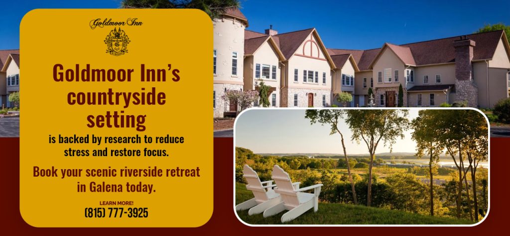 Goldmoor Inn in Galena with scenic Mississippi River views, outdoor seating, and a relaxing countryside retreat setting