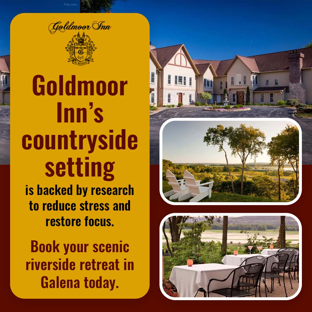Goldmoor Inn in Galena with scenic Mississippi River views, outdoor seating, and a relaxing countryside retreat setting