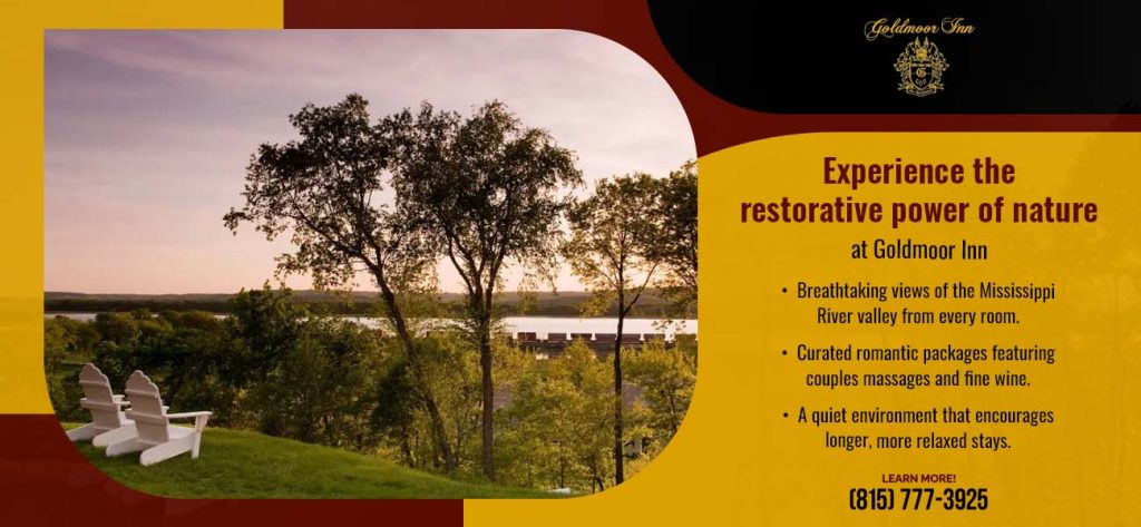 Adirondack chairs overlooking the Mississippi River valley at Goldmoor Inn, highlighting a peaceful nature retreat in Galena