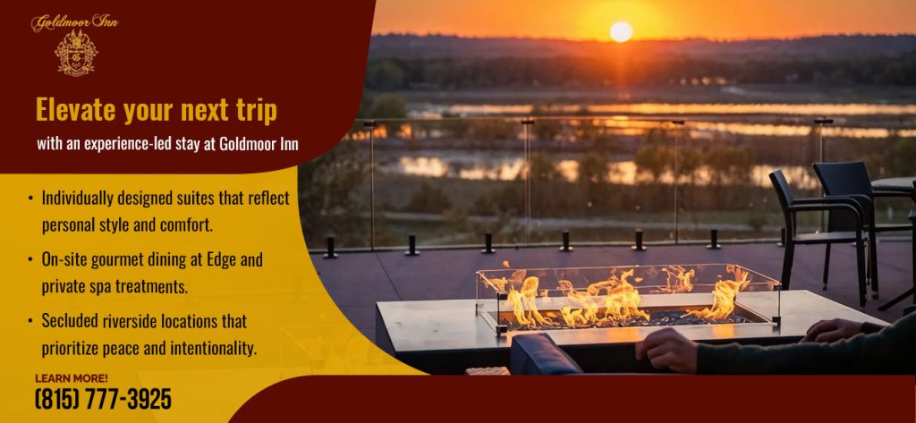 Sunset river view from Goldmoor Inn with an outdoor fire feature, highlighting a peaceful luxury retreat experience